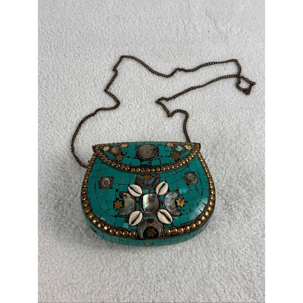 Antik Kraft Amoli Aqua Mosaic & Brass Clutch Mother of Pearl/Shell Accent